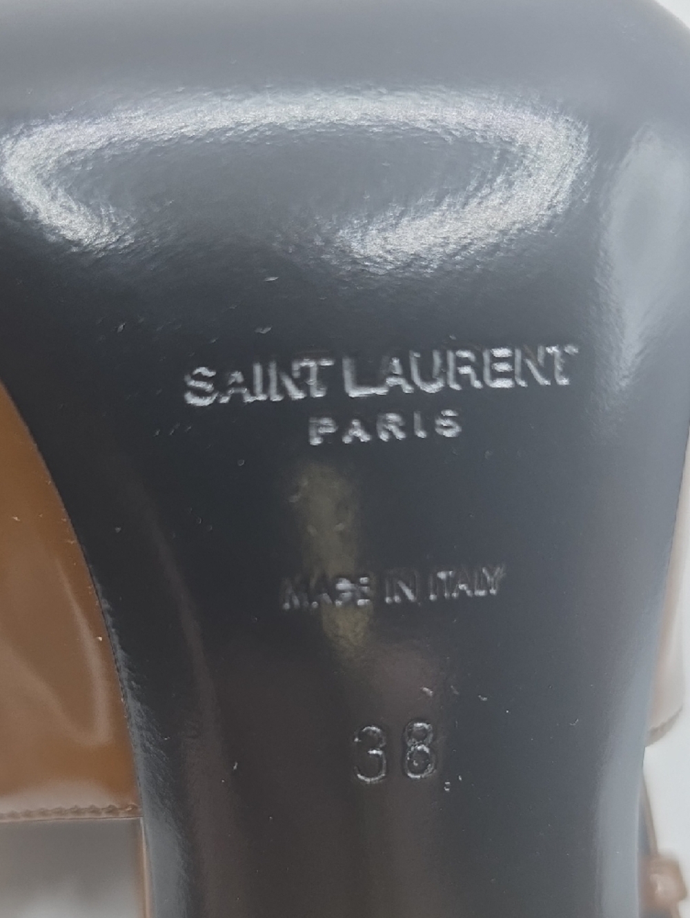 Saint Laurent Brown Patent Leather Slingback Heels with Gold Accent - Picture 12 of 16